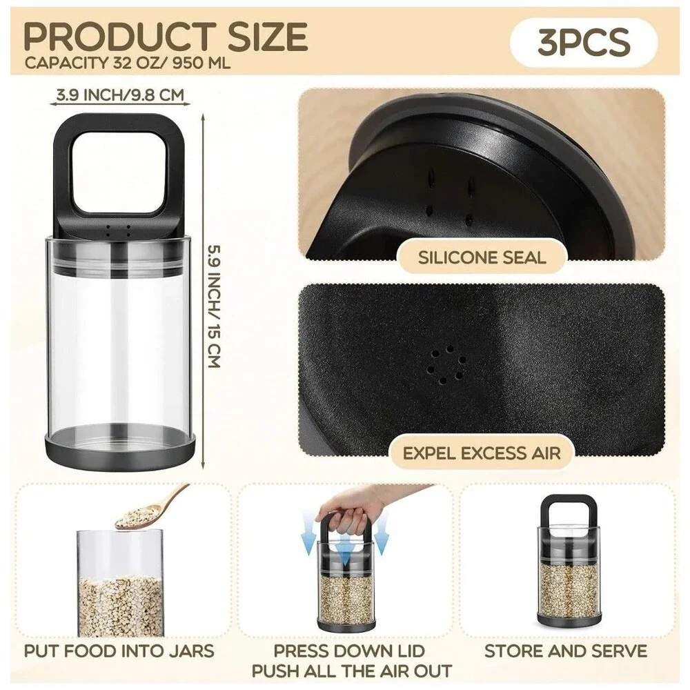 Storage Jars Airtight 32oz 950mL Clear Jar Black Press-Down Lid 2Pc set